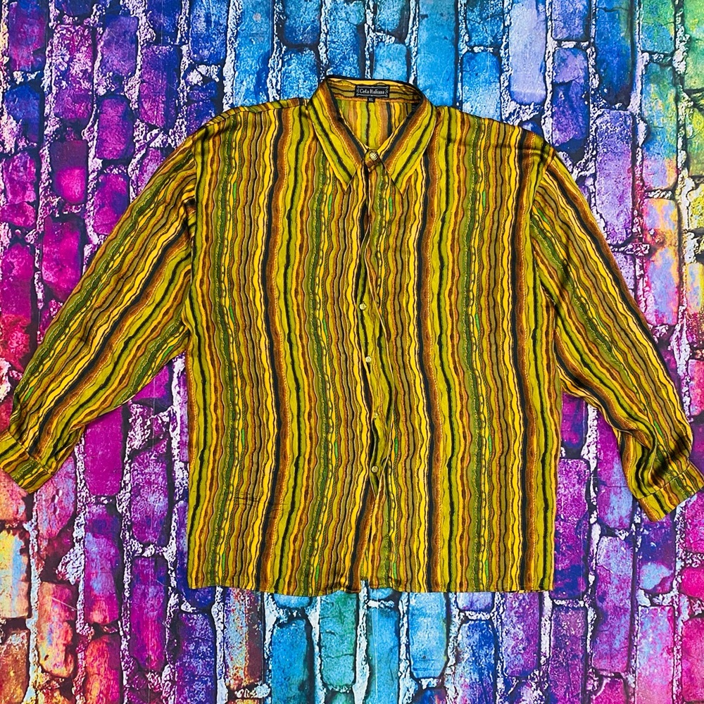 VINTAGE MEN'S CETA ITALIANA SILK SHIRT MULTI-COLOR GEOMETRIC  BEAUTIFUL XLARGE